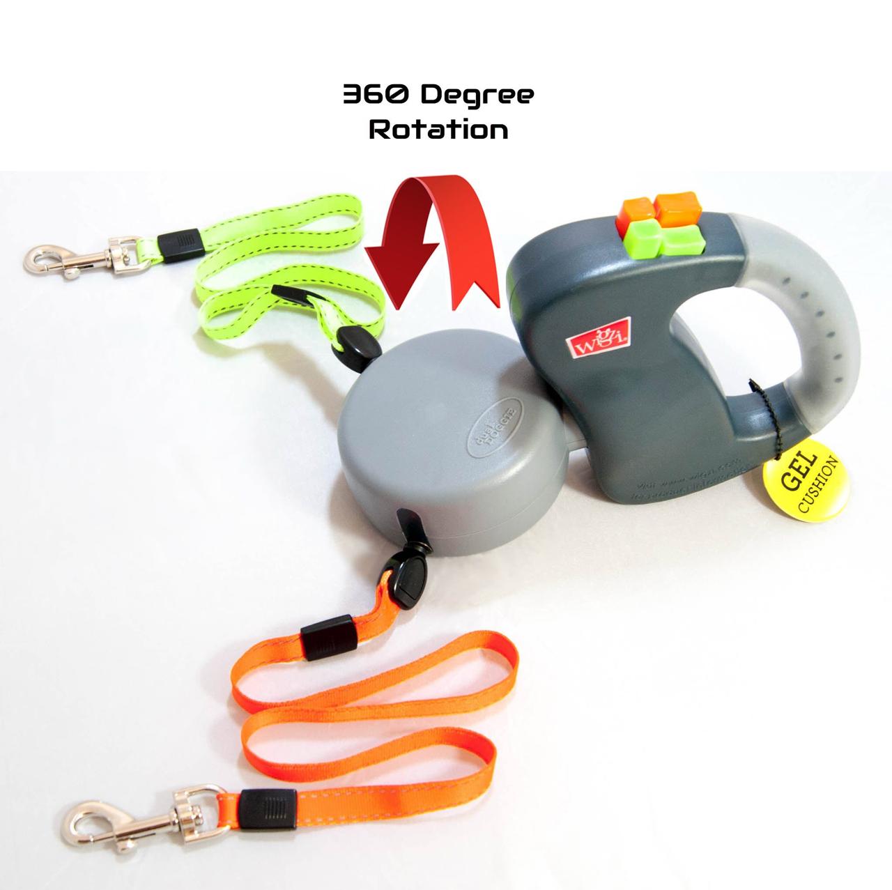 Dual Doggie Retractable Dog Leash, Green/Orange,